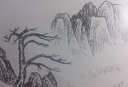 用比较淡比较干的墨,毛笔稍稍倾斜,就可以画出山石和树皮上的粗麻的